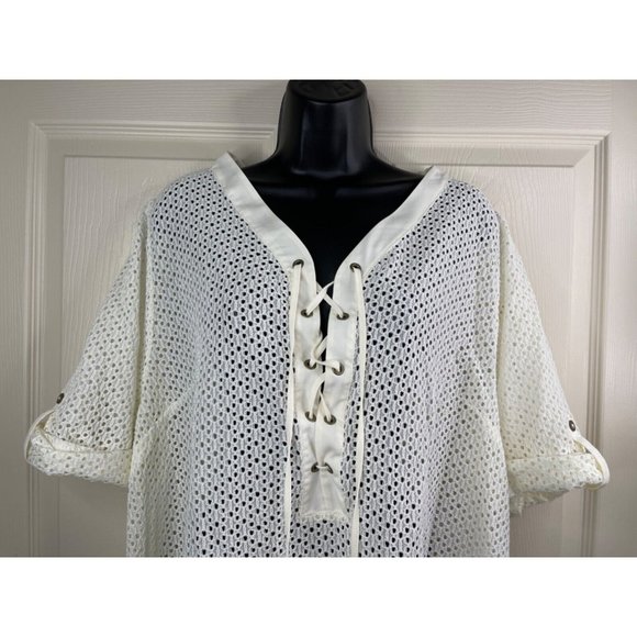 Catherines Top Women Plus Size 1X 18/20W Short Sleeve Ivory Knit Lacey Top Sheer - Picture 2 of 9